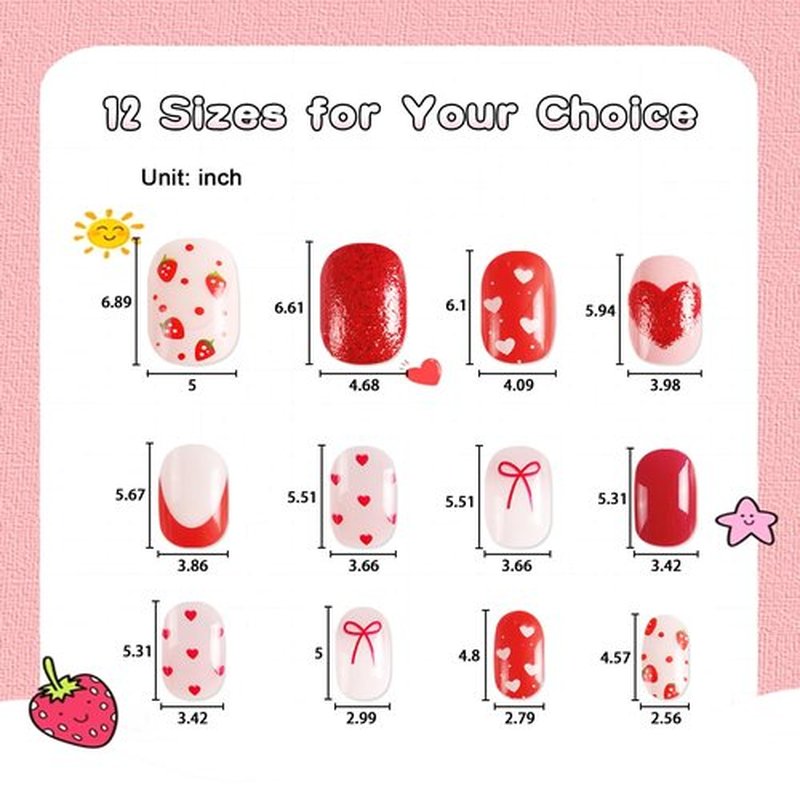 SIUSIO 3Pack Children Acrylic Fake Nails, 72pcs Press on Full Cover Glitter Short Red Heart False Nail Art Kits Set with Sticker Tabs Nail Glue for Kids Little Girls Christmas Gifts - Blossom Sweetie