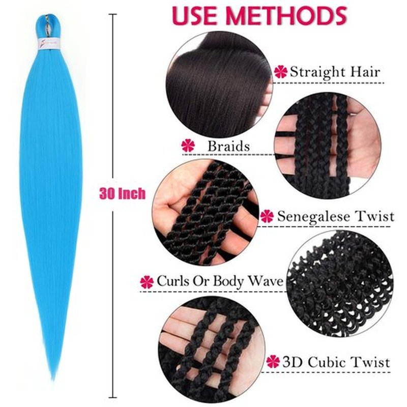 Pre-Stretched Braiding Hair, Ready to Use Synthetic Extensions for Easy Box Braids & Protective Styles, Tangle-Free Soft Texture, 3 Pack (95g/Bundle) 30 Inch - Light Blue Color. (Also in Pink & More)