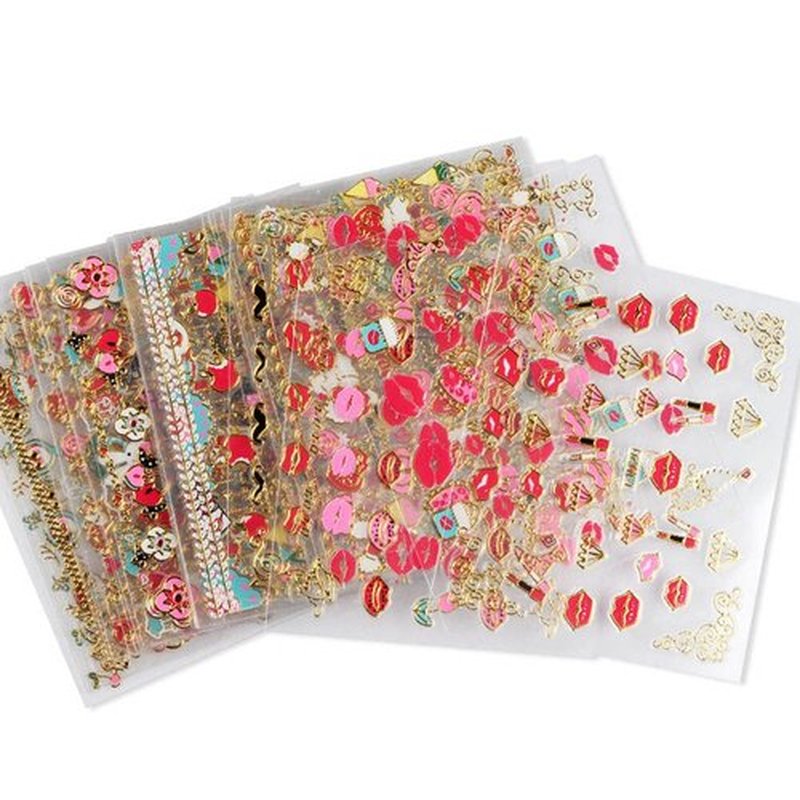 Lips Nail Stickers for Valentine's Day, 3D Gold Nail Decals Foils Nail Art Supplies Valentines Heart Red Lip Self-Adhesive Nail Design Metallic Nail Stickers for Women Girls DIY Nail Decoration 30 PCS