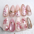Handmade Press on Nails-medium Almond Fake Nails | 3D Cherry Blossom & Golden Bow Design False Nails,Pink Cat Eye Acrylic Nail,Stick on Nails for Women Girls Daily Nail Art 30Pcs