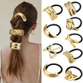 Yuxung 9 Pcs Gold Hair Tie for Women, Gold Cuffs, Metal Geometric Hair Ties Non-damage Ponytail Cuffs Holders for Thick and Thin Ponytails