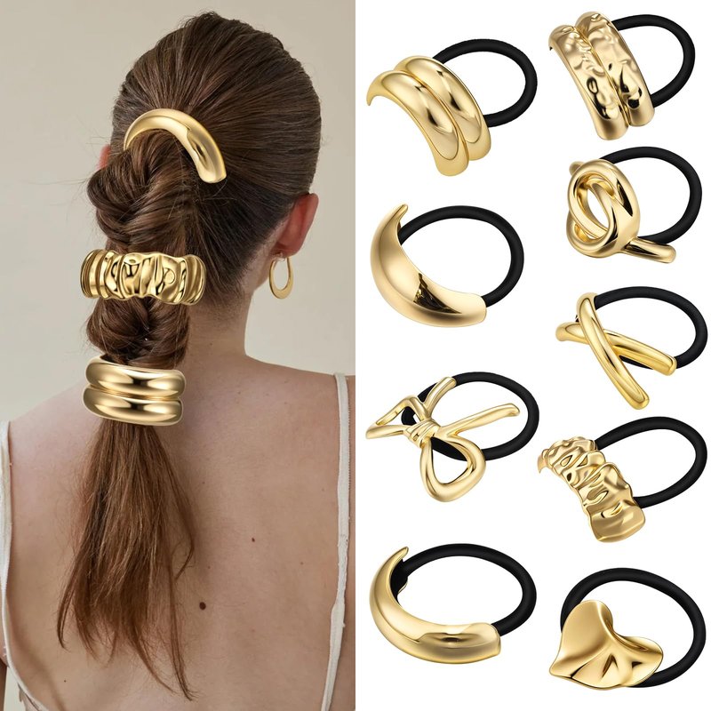 Yuxung 9 Pcs Gold Hair Tie for Women, Gold Cuffs, Metal Geometric Hair Ties Non-damage Ponytail Cuffs Holders for Thick and Thin Ponytails
