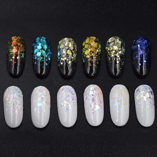 Minejin Nail Glitter Holographic Chunky Flakies Ultra-Thin Iridescent Charming Sequins Powder Tips 12 Jar