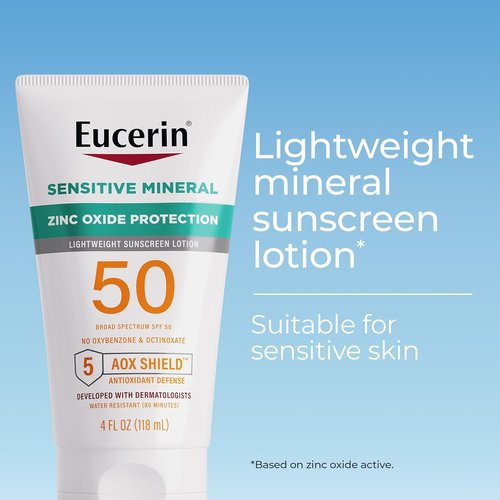 Eucerin Sun Sensitive Mineral Sunscreen Lotion SPF 50 - Hypoallergenic Zinc Oxide Protection, 4 Fl Oz