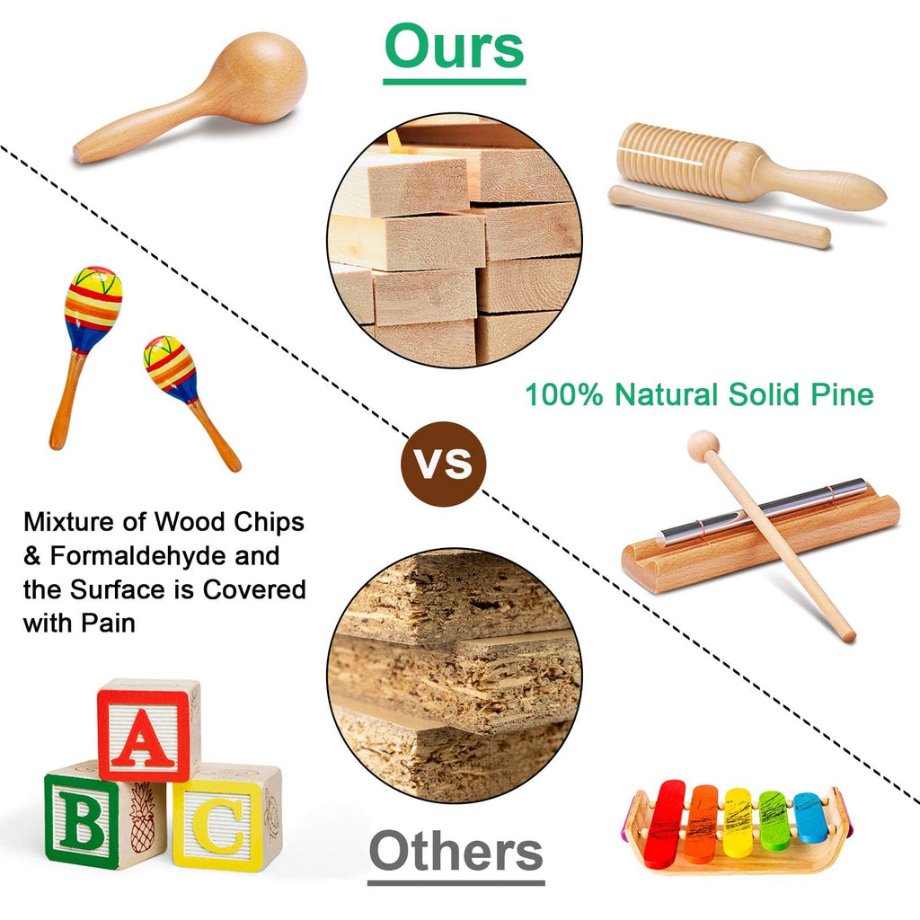 LOOIKOOS Montessori Natural Wooden Musical Instruments Set for Toddlers Preschool Educational Percussion Toys with Storage Bag, Safe Early Learning Toys for Boys Girls (3+)