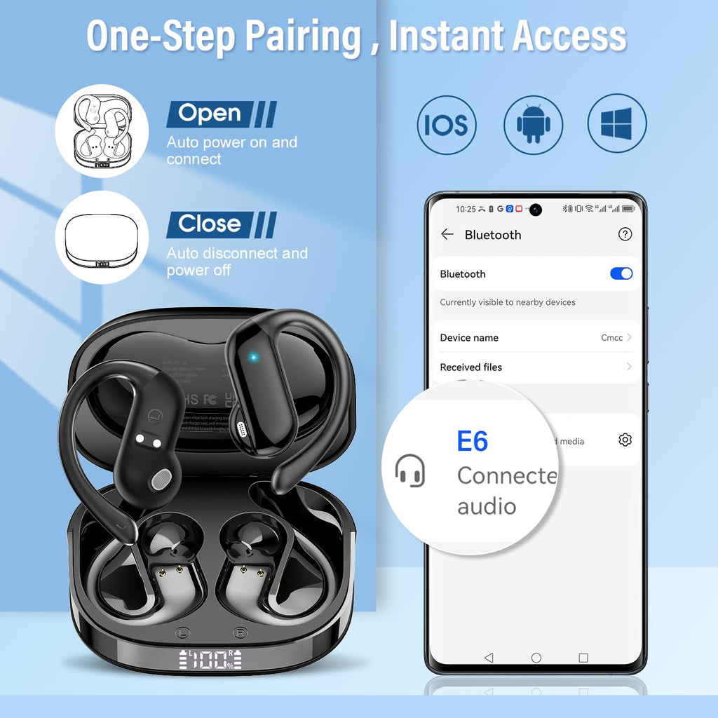Open Ear Earbuds, Bluetooth 5.4 Wireless Earbuds with Ear Hooks, 32H HiFi Stereo Open Ear Headphones with Clear Calls, IPX7 Lightweight Air Conduction Headphones for Workouts and Running, Black