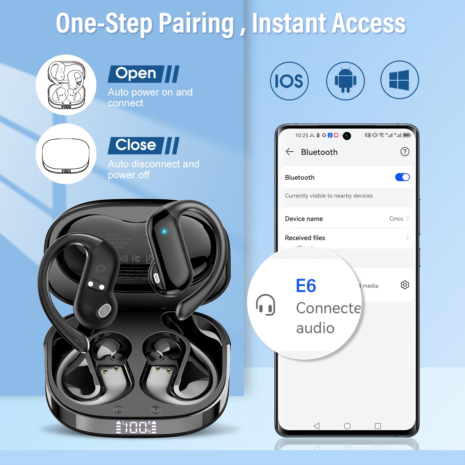 Open Ear Earbuds, Bluetooth 5.4 Wireless Earbuds with Ear Hooks, 32H HiFi Stereo Open Ear Headphones with Clear Calls, IPX7 Lightweight Air Conduction Headphones for Workouts and Running, Black