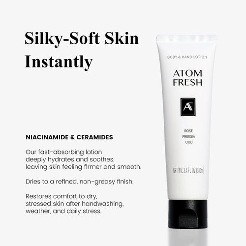 Atom Fresh Hand Cream for Women, Rose Freesia Oud | Deep Repair Hand Lotion with Ceramides & Niacinamide | Strengthens Skin Barrier & Soothes Dry, Sensitive Hands | Fast-Absorbing, Vegan (3.4 fl oz)