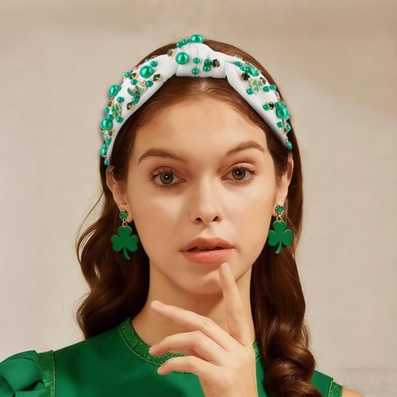 AMCAMI St Patricks Day Headband for Women, Green & White Shamrock Knotted Headband, St Patty's Day Hair Accessories for Women & Girls