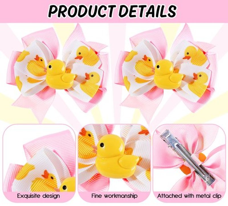 FYSUIMU 2Pcs Duck Hair Bow Clips Grosgrain Ribbon Alligator Clips Pink Rubber Duck Hair Barrettes for Home Birthday Party Women Hairstyle Accessories