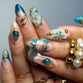 Fall Winter Press on Nails Almond Medium Fake Nails Blue Nails Press ons with 3D Pearl Flower Star Designs Glossy French Tip Acrylic Nails for Women 24Pcs