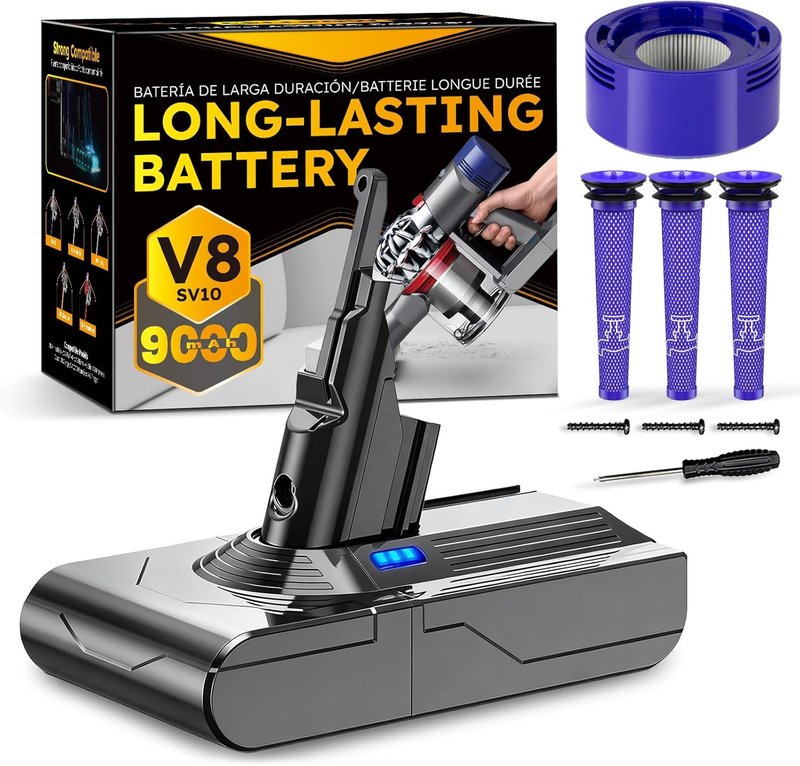 Dyson 9000mAh V8 Battery Replacement - Compatible with V8 Animal/Absolute/Motorhead/Fluffy | Includes 4 Filters