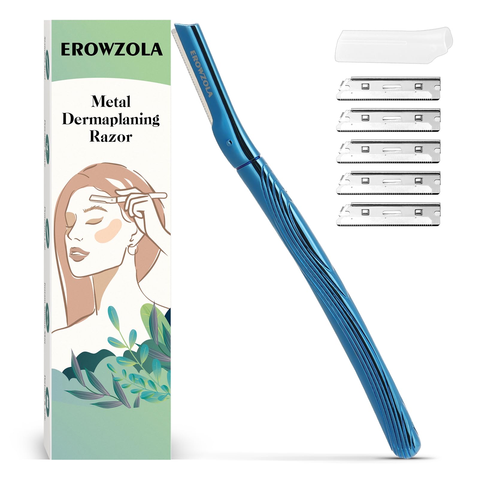 EROWZOLA Eyebrow Razor, Face Razors for Women and Men, Reusable Metal Handle with 6 Refill Blades, Eyebrow Trimmer with Precision Cover, Dermaplane Razor, Skin Care Tool - Blue