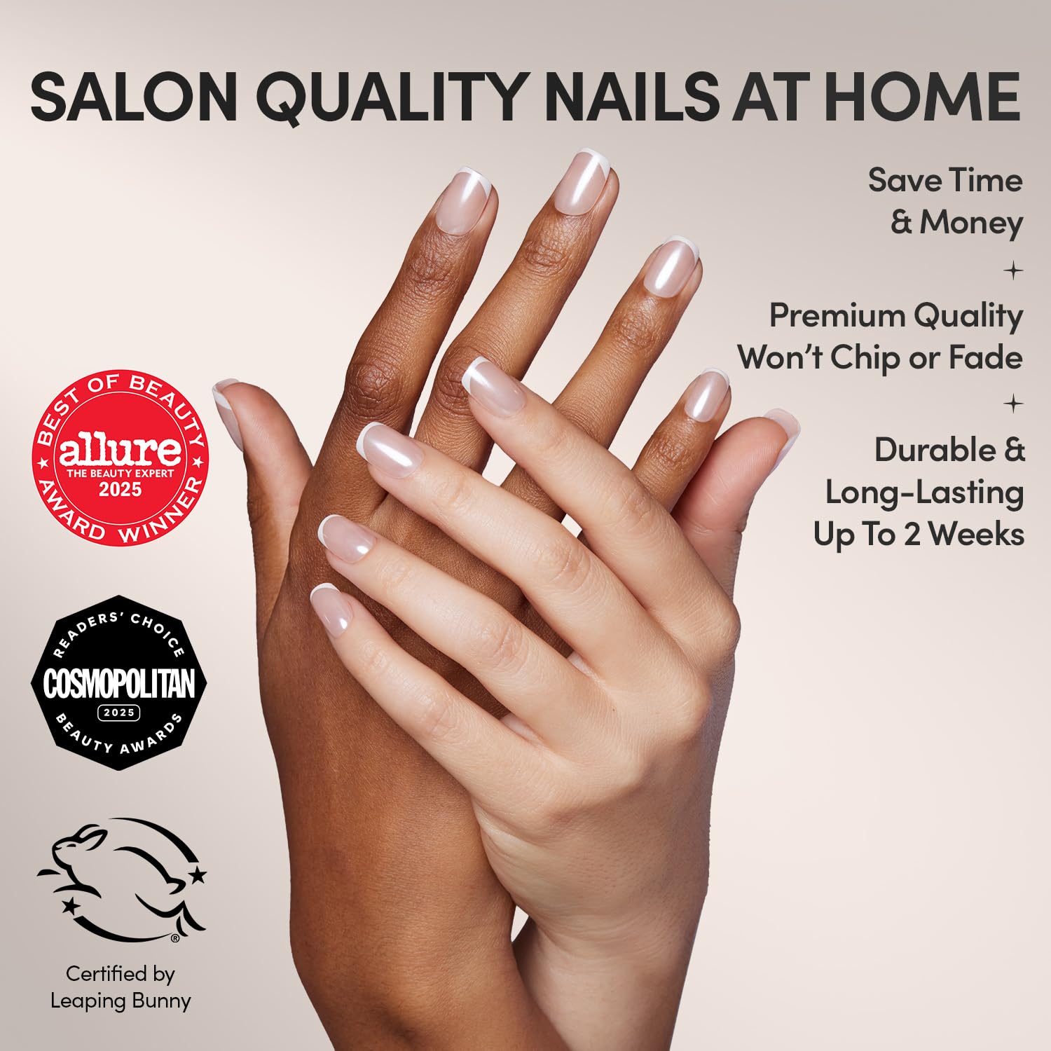 Glamnetic Press On Nails - La Perle | Semi-Transparent Squoval French Tip Fake Nails, Salon Quality | 15 Sizes - 30 Nail Kit with Glue