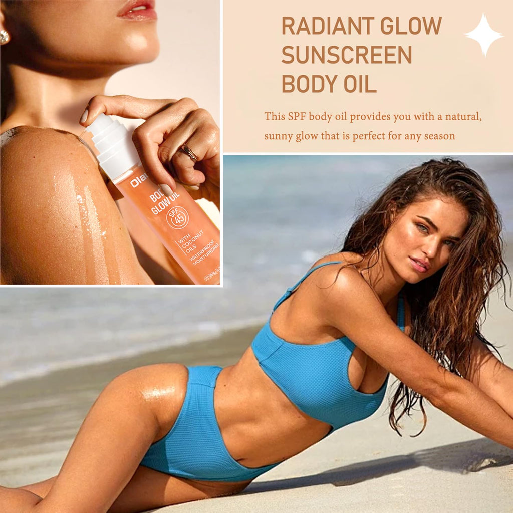 Body Glow Oil, SPF45 Sunscreen Body Oil Shimmer Moisturizing with Coconut Oil Nourishing Glowing Skin, Body Shimmering Oils for Face & Body, Lightweight, Non-Greasy