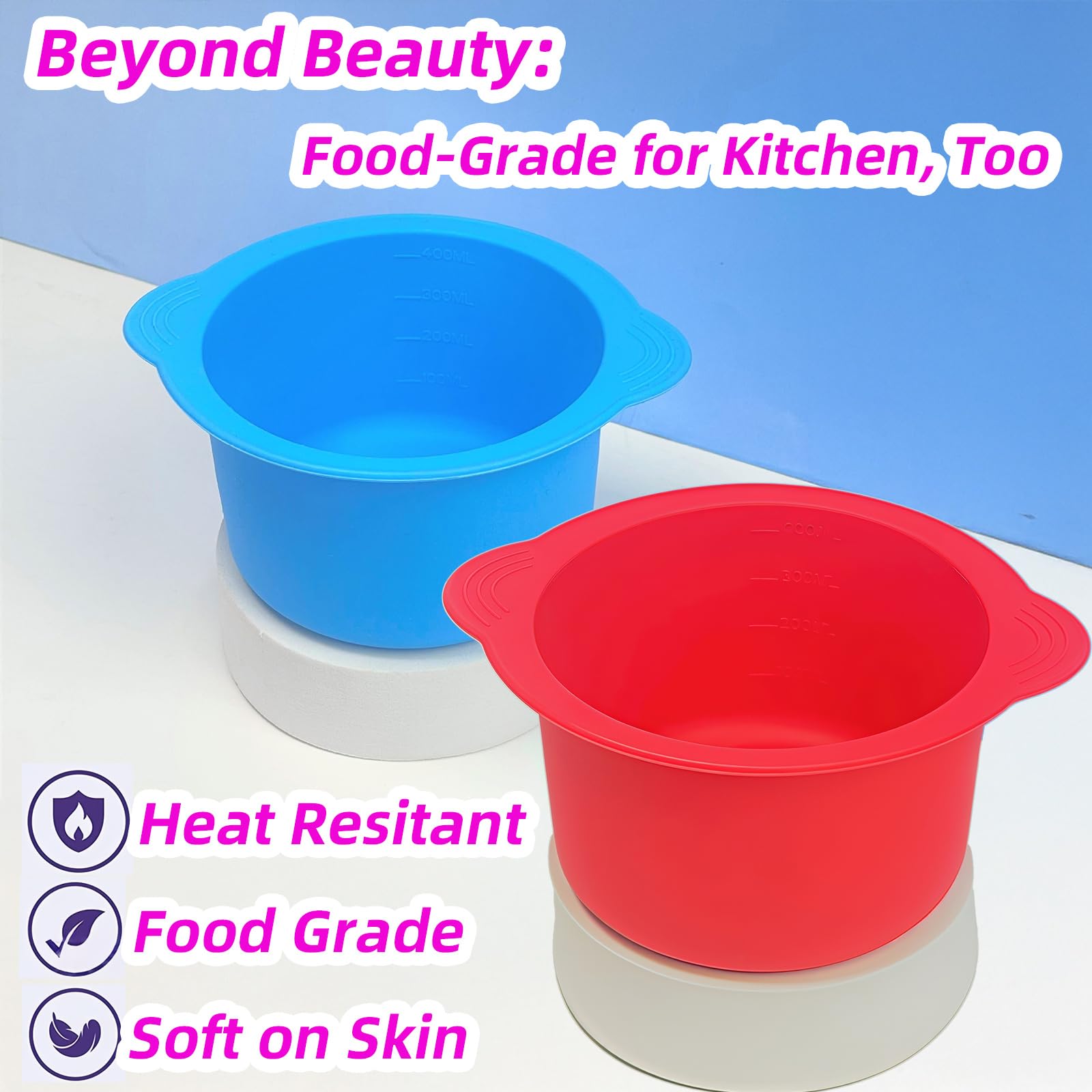Silicone Wax Warmer Liners, 2-Pack Non-Stick Wax Pot Replacement with 2 Silicone Wax Sticks for Hair Removal, Gigi Wax Warmer, Kolua Wax Kit, Body Wax Warmer (Red & Blue)