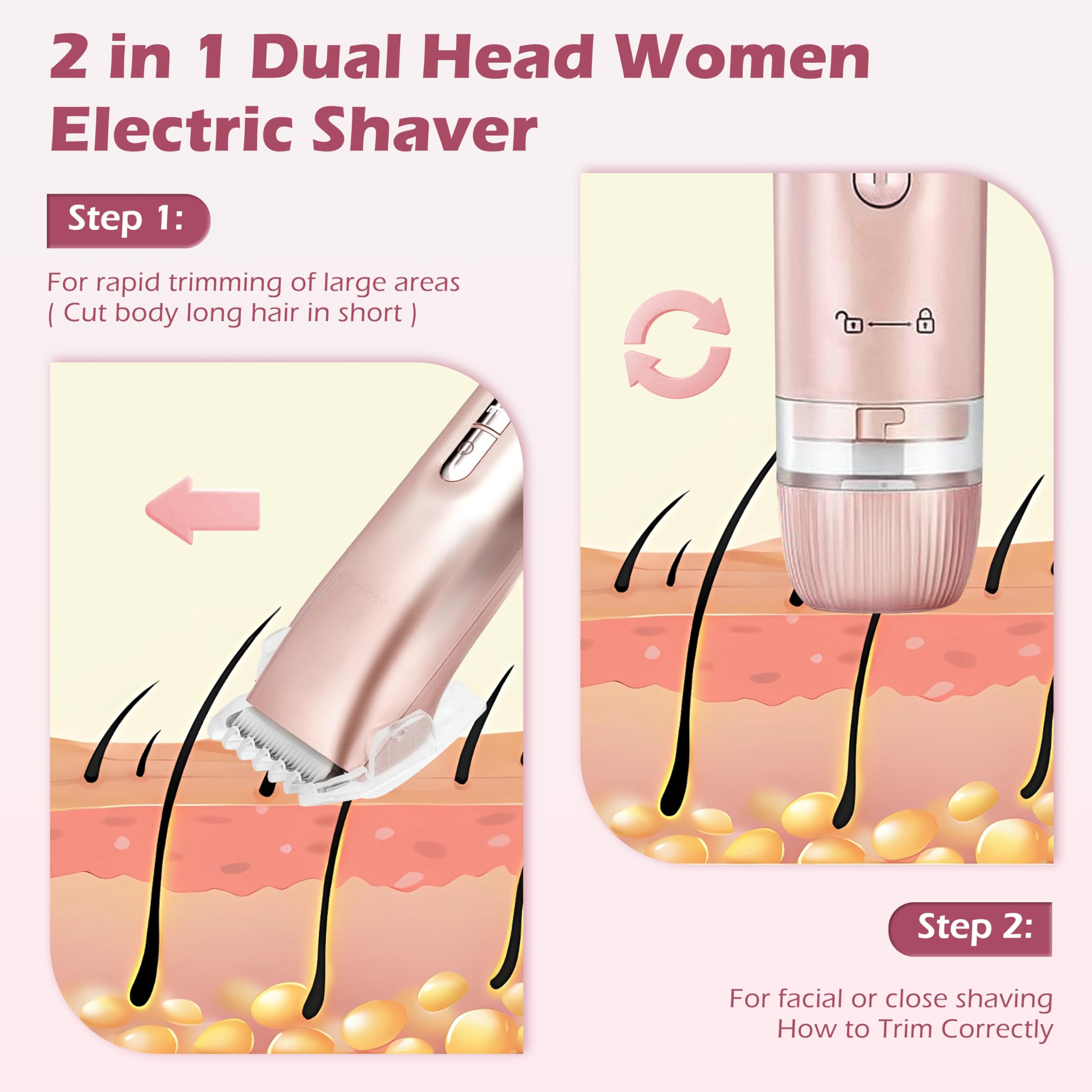 Floranurture 2 in 1 Women Electric Shaver Dual Head Bikini Trimmer for Women IPX7 Waterproof Wet & Dry Use Body Hair Trimmer and Facial Hair Remover Body Shaver for Bikini Underarm Leg Arm Body Face