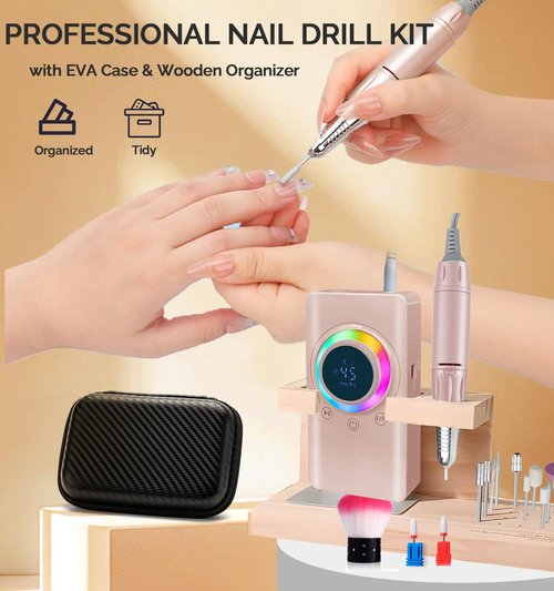 45000RPM Electric Nail Drill with EVA Case & Holder, Professional Rechargeable Nail File Machine with 2×2000mAh Battery 13 Drill Bits ,Cordless Efile Kit for Manicure Pedicure Salon Home