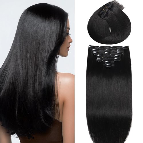 Miskoey Clip in Hair Extensions Real Human Hair, Invisible Seamless Straight Remy Human Hair Extensions Clip ins for Women (1B Natural Black, 18'')