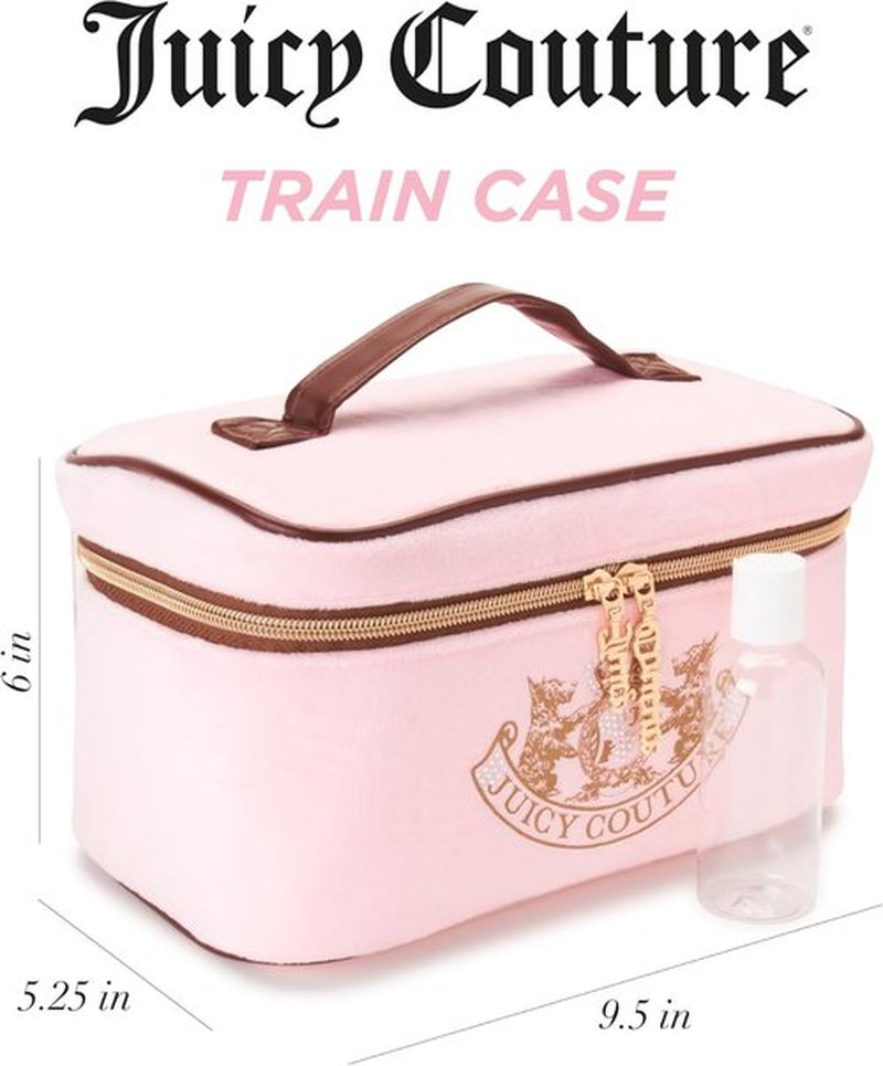 Juicy Couture Pink Makeup Bag - Travel Essentials Organizer with Gold Rhinestone Crown Design