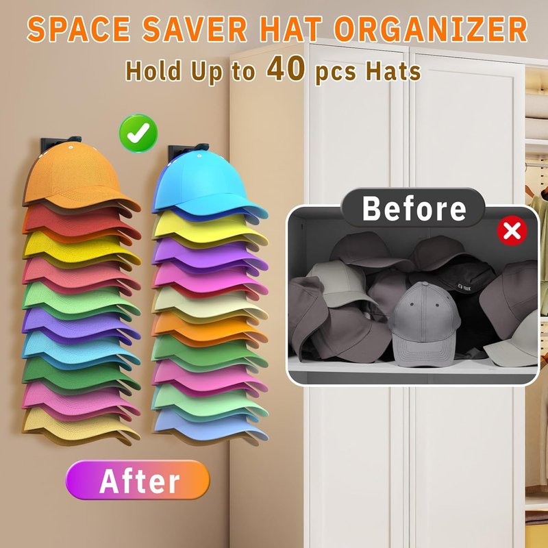 Volnamal Hat Organizer - 2 Pack Baseball Cap Rack for Wall | Holds Up to 40 Hats, Strong Adhesive Storage (Black)