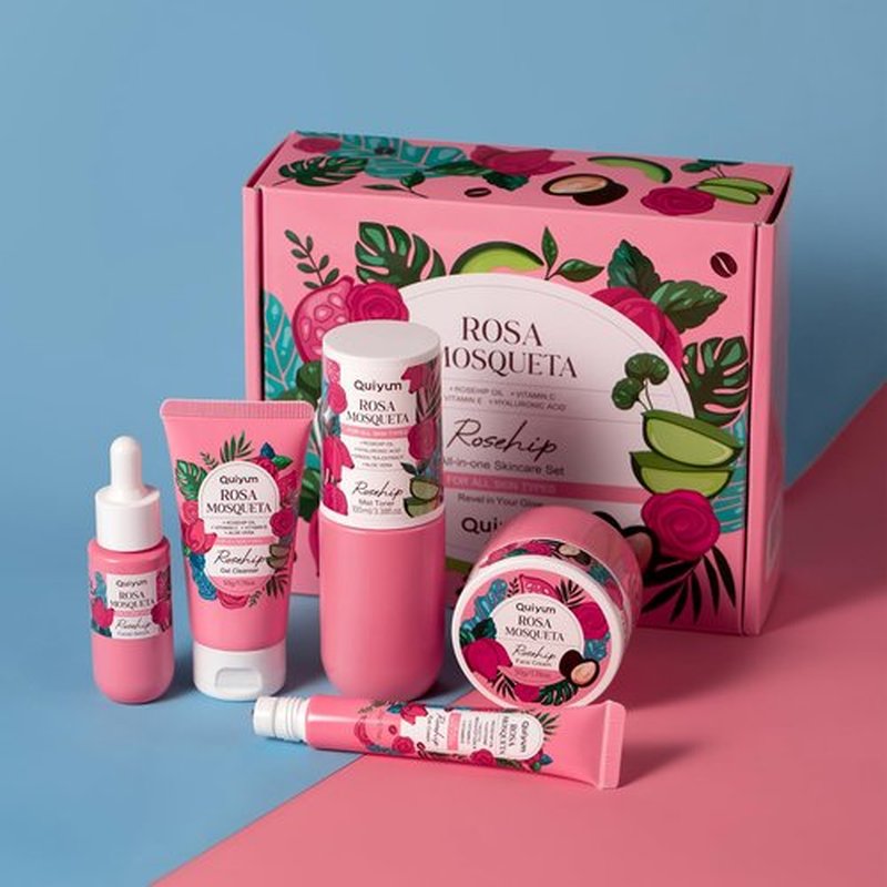 QUIYUM Skin Care Set, with Natural Rosehip Oil, Vit-C & E Skincare Kits 5 Pcs- Restore Skin Elasticity, Refine Texture, Even Tone, Moisturizing, Glowing, for All Skin Types, Mother's Day Birthday Gift