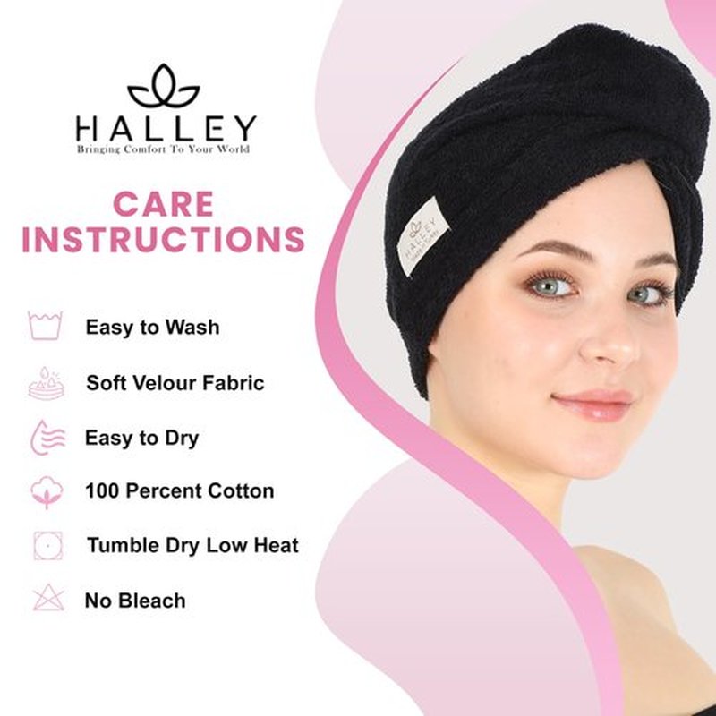 HALLEY Cotton Hair Towel Wrap (3 Packs) Super Absorbent Fast Drying Turbans for Thick, Wet Hair with Button (Black)