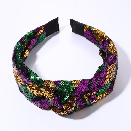 HSWE Mardi Gras Headband for Women Glitter Purple Green Yellow Sequin Top Knot Hairband Funny Carnival Parade Party Gift for Sister Mom Bestie
