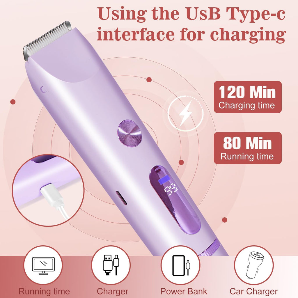 Bikini Trimmer for Women 2in1 High Power Epilators Hair Removal Waterproof Electric Razors Women's Electric Razor Pubic Hair Trimmer Shaver for Women for Ladies Pubic，Face， Underarms，Legs(Purple)