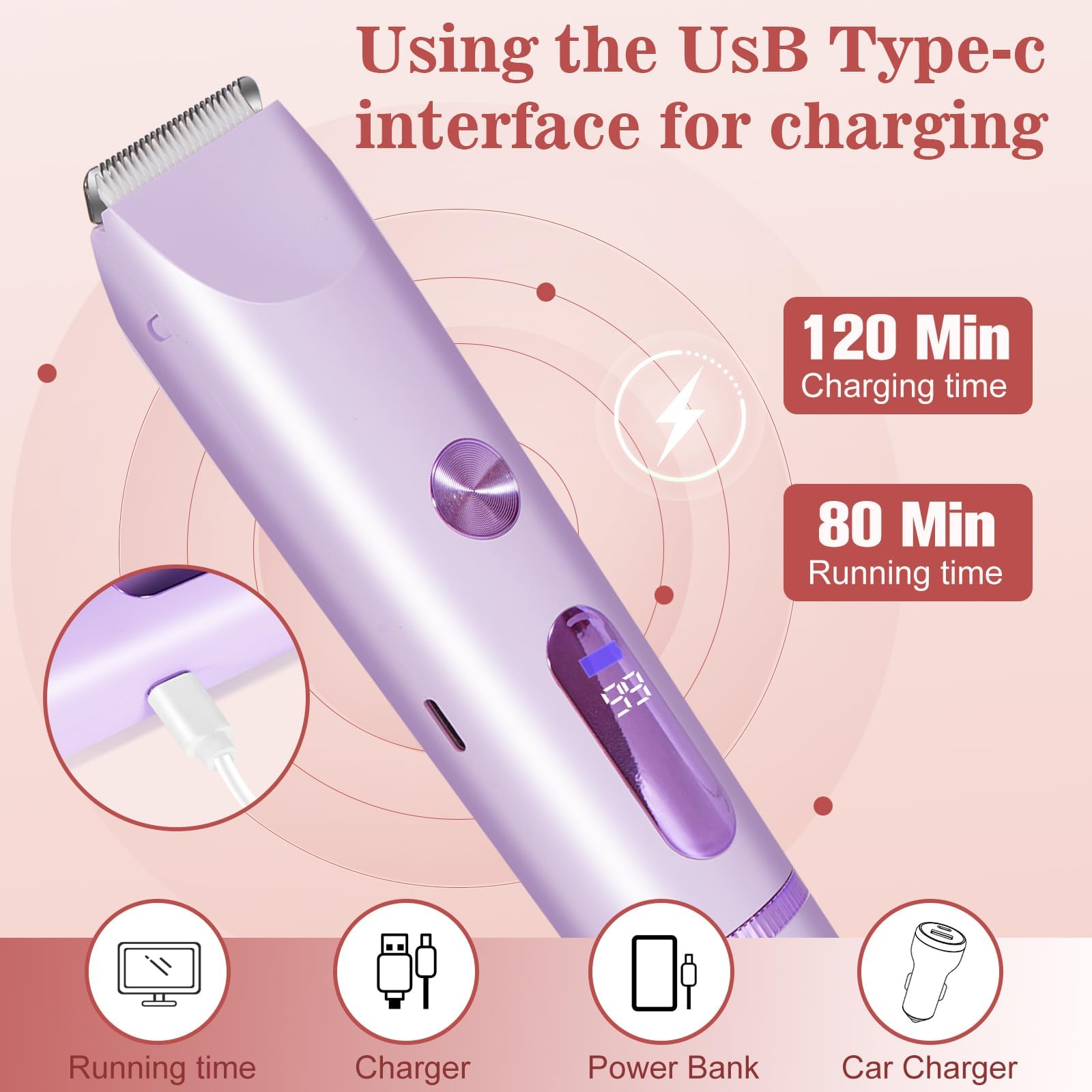 Bikini Trimmer for Women 2in1 High Power Epilators Hair Removal Waterproof Electric Razors Women's Electric Razor Pubic Hair Trimmer Shaver for Women for Ladies Pubic，Face， Underarms，Legs(Purple)