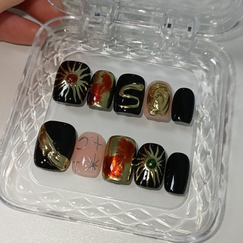 TENPAL Gothic Press on Nails Short Square,Glossy Black Space Theme Fake Nails with 3D Serpent & Planets, Acrylic Glossy Handmade Winter False Nails with 10pcs,Dark Celestial Glue on Nail Art(L)