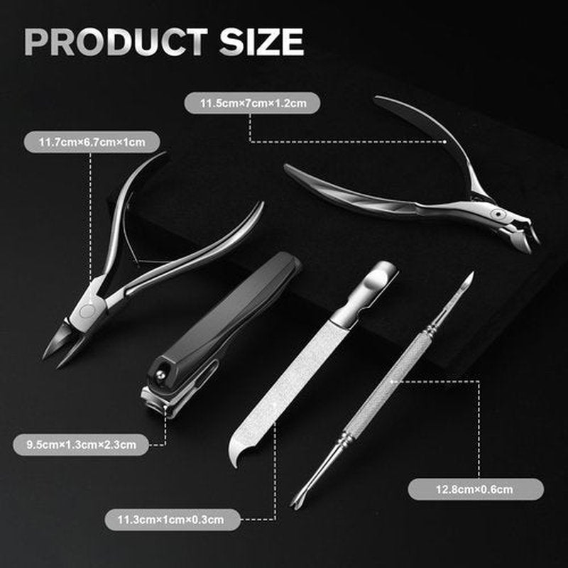 FERYES 5PCS Toenail Clippers Long Handle Clipper for Thick Nails, Straight Blade Clipper for Ingrown Nails, 360° Rotating Jaw Nail Clipper, Cuticle Fork, and Nail File