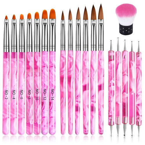 19 Pcs Pink Acrylic Nail Art Brush Set, TOROKOM UV Gel Nail Brushes for Nail Art Tips Nail Polish Builder Brush Nail Painting Brush with Nail Dotting Tool Nail Art Dust Remover Brushes for Nail Salon