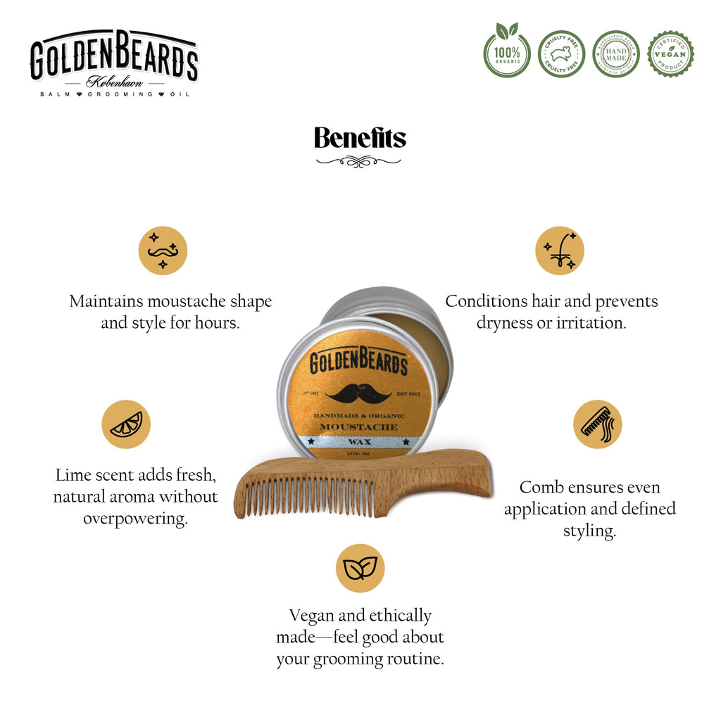 Golden Beards Moustache Wax & Eco Wood Vegan Comb Kit – Medium Hold Wax with Lime Scent & Eco Wood Comb 2.5 in – Handmade, Vegan, Cruelty-Free Moustache Styling Set