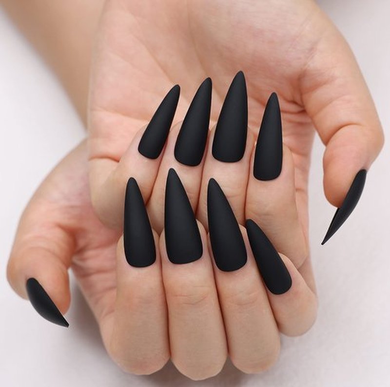 Kikmoya Matte Pure Black Extra Long Stiletto Press on Nails, 24pcs Fake False Nails, Artificial Stick on Manicure for Women