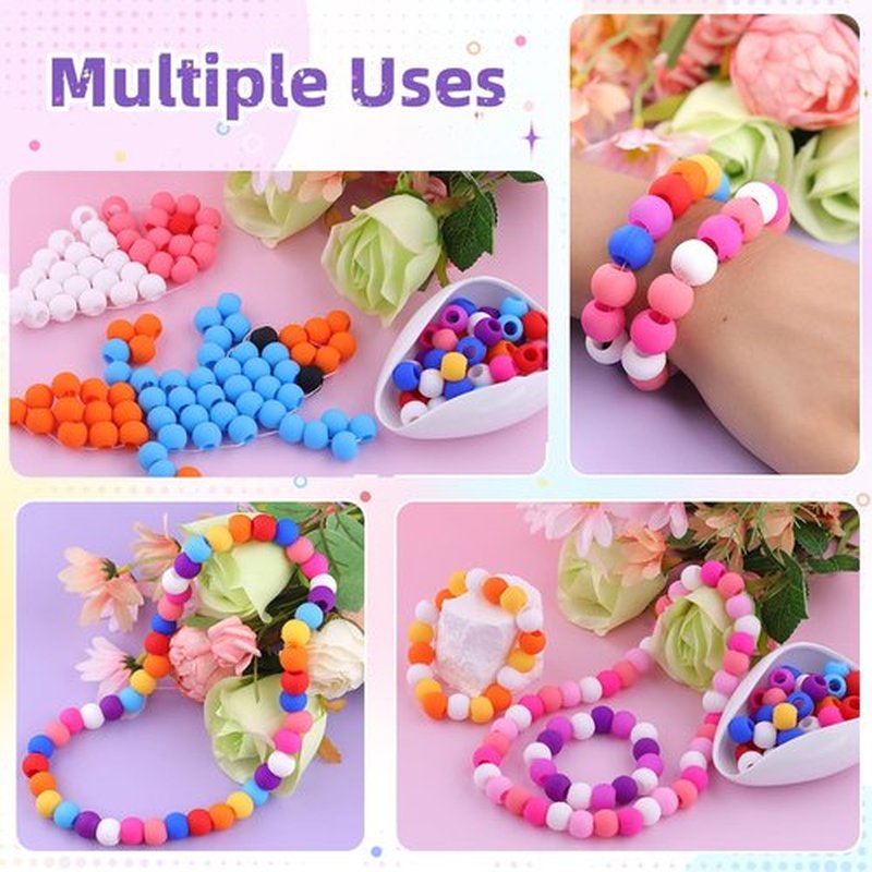 120Pcs 14mm Large Silicone Beads for Hair Braids, Soft Jellyish Hair Beads with 7mm Hole + 50 Rubber Bands and 1 Beader for Braiding, DIY Bracelets Necklaces Crafts (Multicolors)