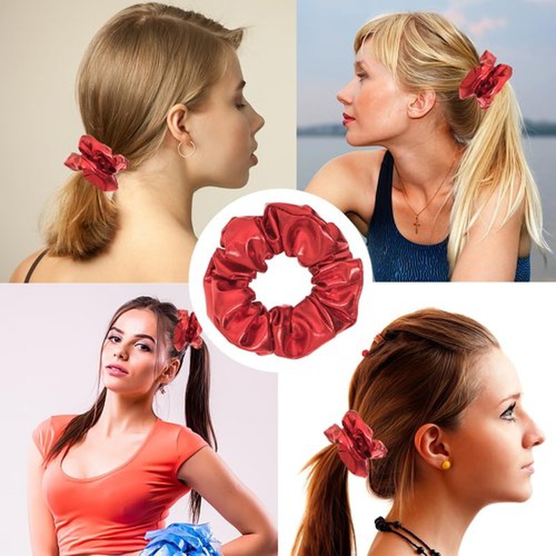 12 Pcs PU Leather Cheer Hair Scrunchies Red Scrunchy School Performance Ponytail Holder Hair Accessories for Cheerleading Teen Girls College Sports (Red)