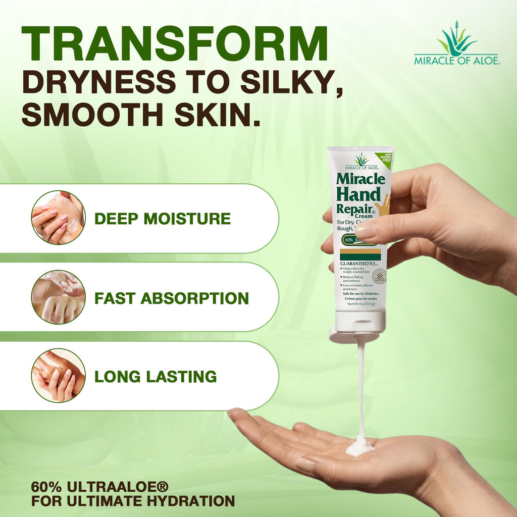 Miracle Hand Repair Cream for Dry Cracked Hands 4 oz Best Healing Hand Cream with 60% Aloe Vera - Non-Greasy Moisturizer for Working Hands - Fast Absorbing Lotion for Extremely Dry Skin (2-Pack)