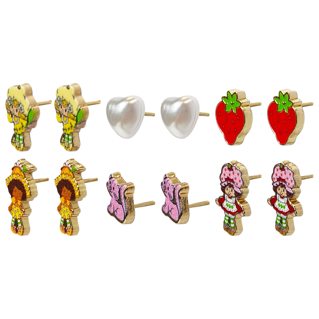 LUV HER The World of Strawberry Shortcake Hypoallergenic Earrings for Girls Ages 4+ - Safe Stud Styles - Jewelry Gift for Sensitive Ears & Cartoon Lovers, 6 Pairs