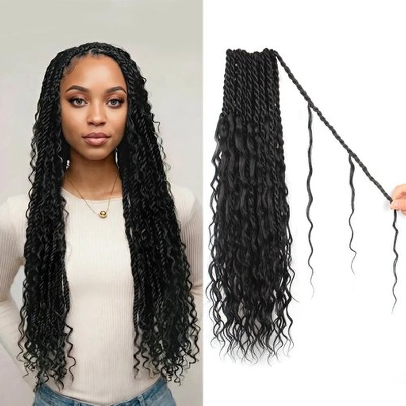 Boho Island Twist Crochet Hair Pure Protein Fiber Close to Human Hair 18 Inch Pre Looped Soft Goddess Twist with Curly Ends 8 Packs Senegalese Twist Crochet Hair for Black Women (18Inch 1B)
