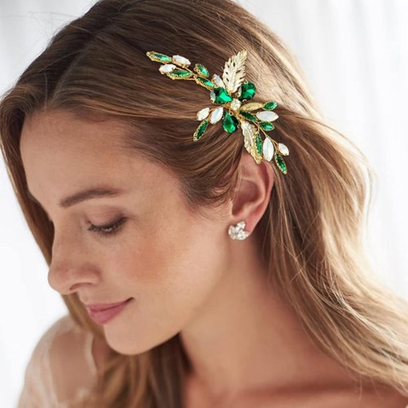 BETITETO Green Bridal Side Comb Crystal Leaf Wedding Small Hair Piece Accessories for Women Girls Party (Emerald Green)