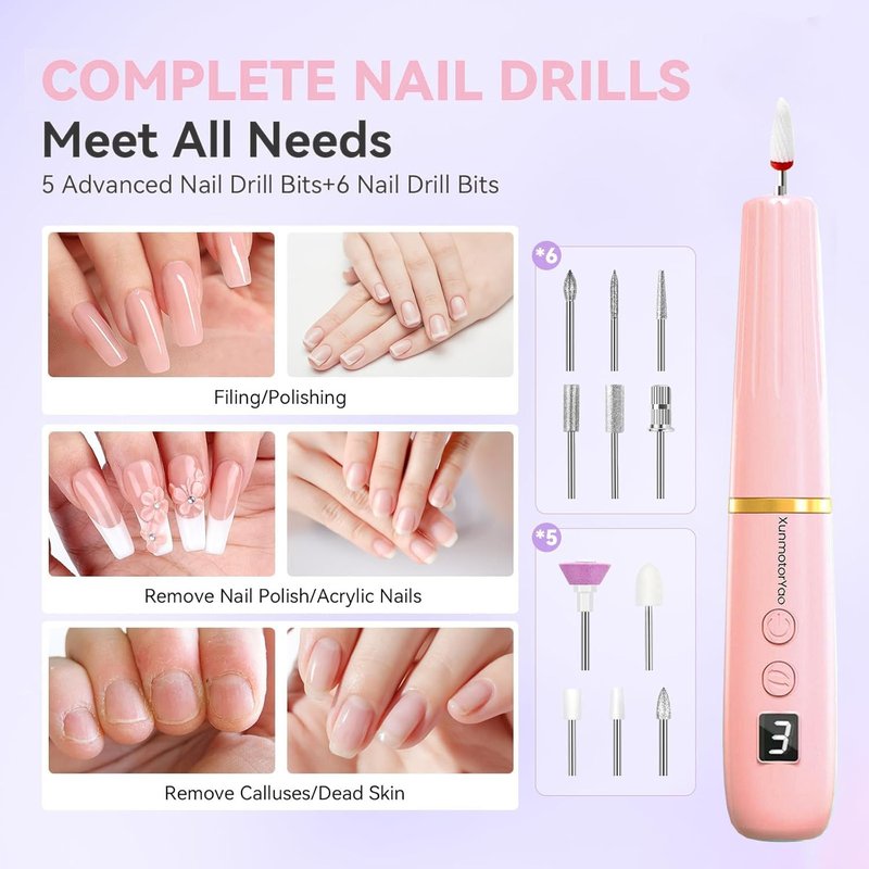 XunmotorYao Professional Electric Nail Drill File, Cordless Nail Drill Machine kit for Acrylic Gel Dip, 12 in 1 Nail Machine Kit Portable Rechargeable Manicure Pedicure Tools for Home Salon(Pink)