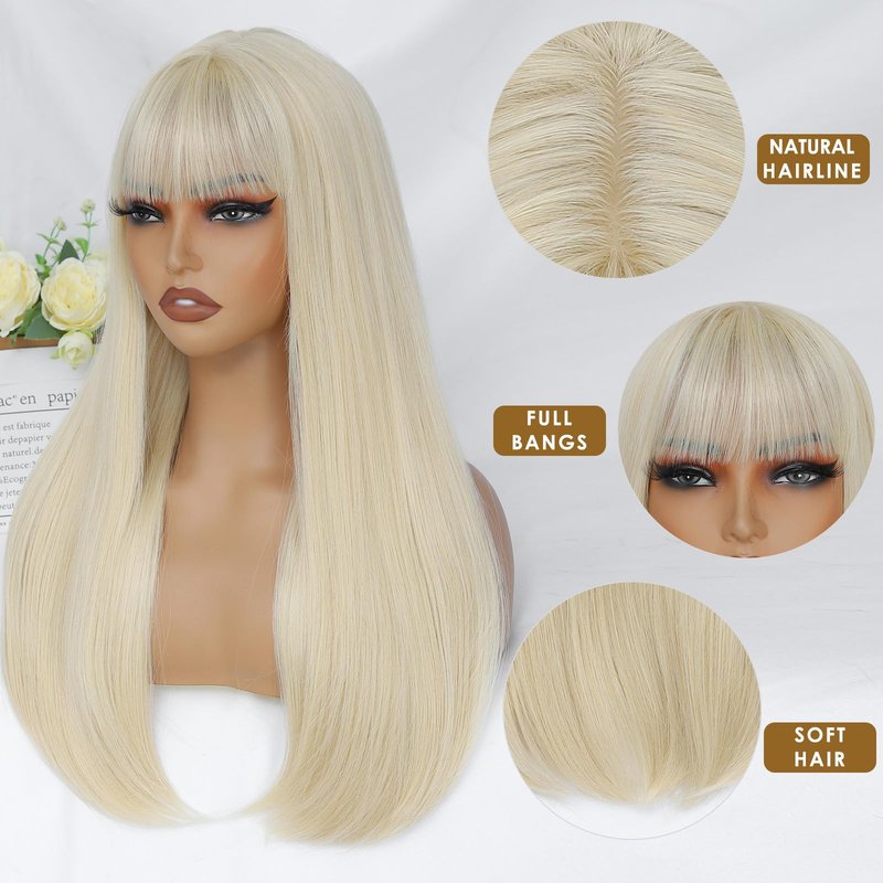 VOZIFAXIU Blonde Wig with Bangs for Women 24 Inch Long Straight Blonde Wigs Synthetic Heat Resistant Wig for Daily Party Use