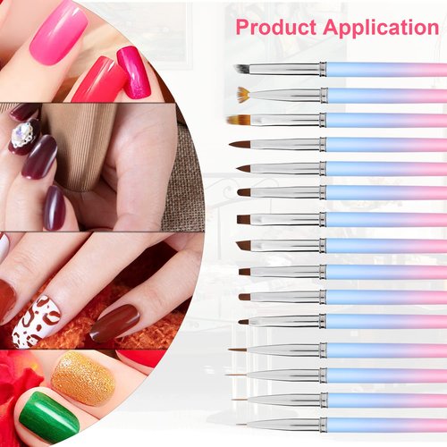 15pc Nail Art Brush Set - Design & Clean Up Brushes for Acrylic & Gel Polish Painting