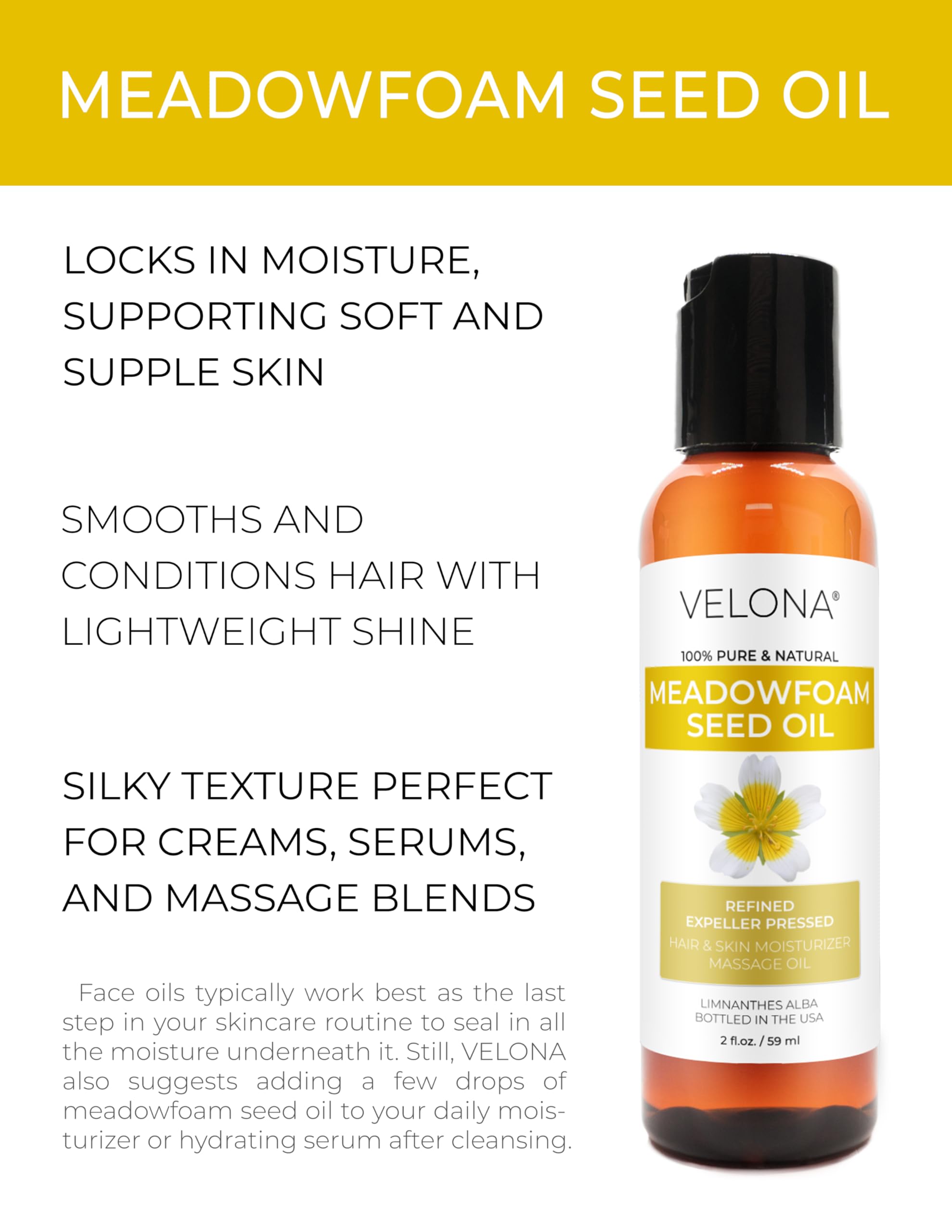 velona Meadowfoam Seed Oill 2 Fl Oz | 100% Pure and Natural Carrier Oil | Refined, Expeller Pressed | Skin, Hair, Body & Face Moisturizing | Use Today - Enjoy Results
