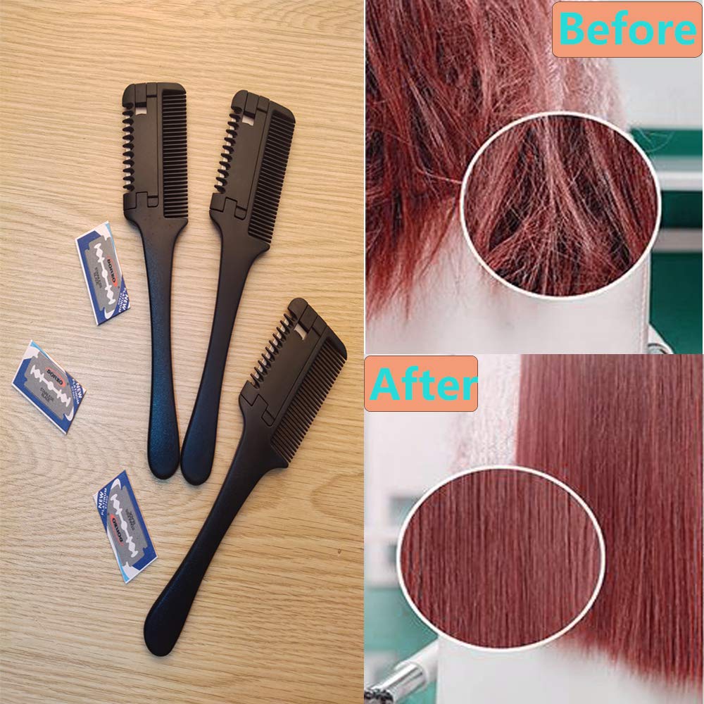 3 Pcs Hair Cutting Combs with Extra 3 Replacement Razors, MSDADA Double Edge Razor Comb for Thin and Thick Hair Trimming and Thinning