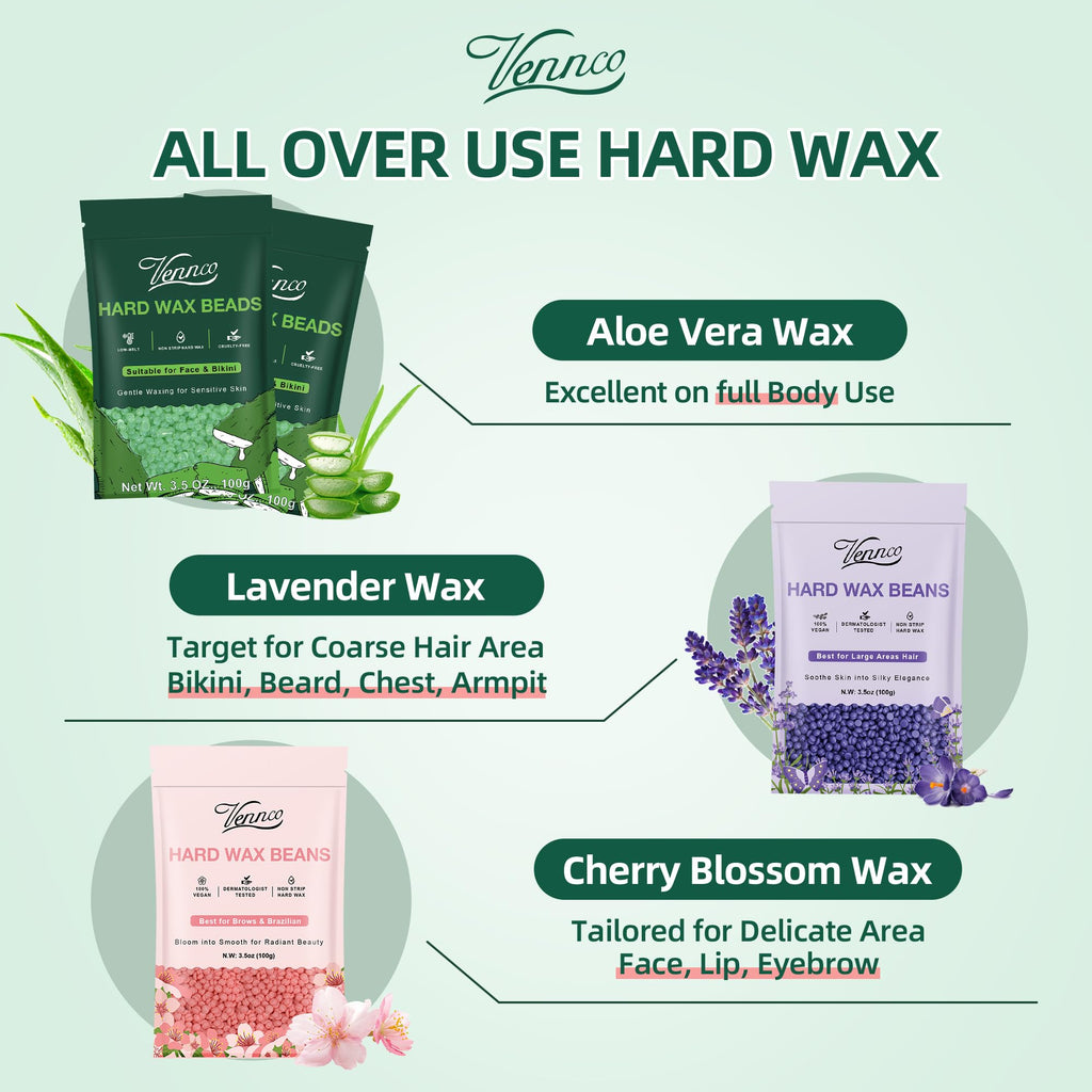 Vennco Hard Wax Beads Kit for Hair Removal, 36 Pieces Wax Beads for Full Body, Face, and Brazilian Bikini, Aloe, Lavender, Cherry Blossom - Includes Pre and Post Wax Oils