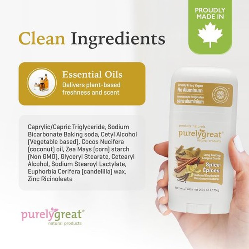 Purelygreat Natural Deodorant Stick - Spice Scented, Paraben & Aluminum Free | Travel-Friendly 2.64 oz / 75 g