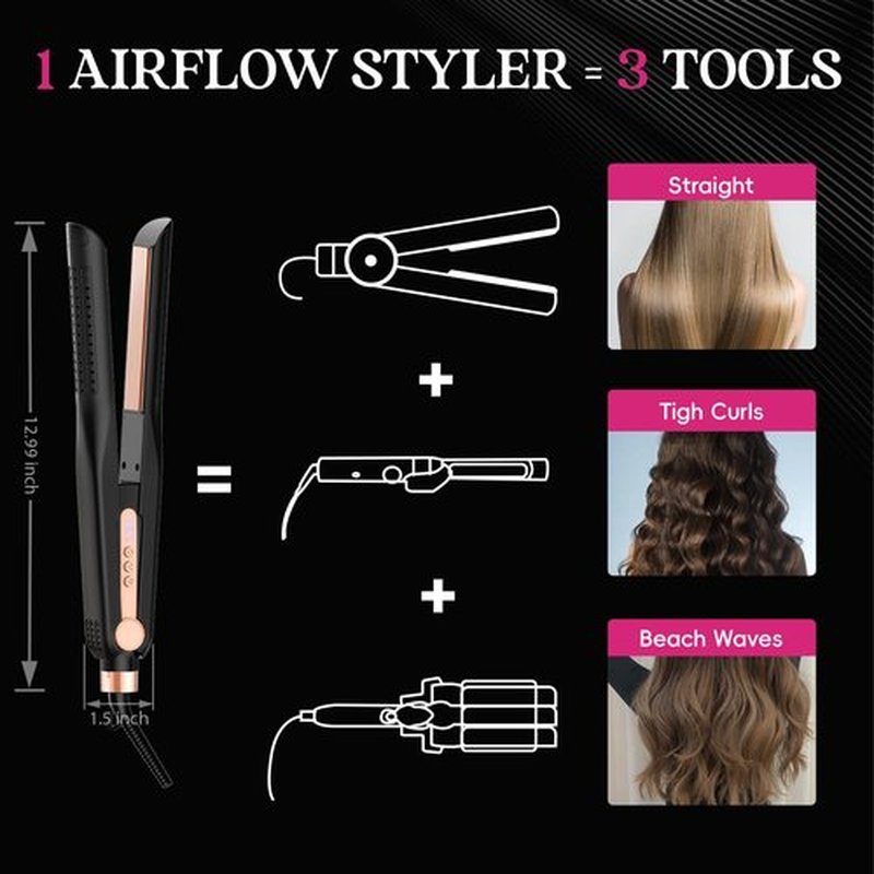 SKIMI Airflow Styler, Titanium Flat Iron Hair Straightener, Professional Curling Iron with Cooling Air Vents to Lock in Style, 5 Temps & Dual Voltage, Auto Off (Black & Yellow Rose).