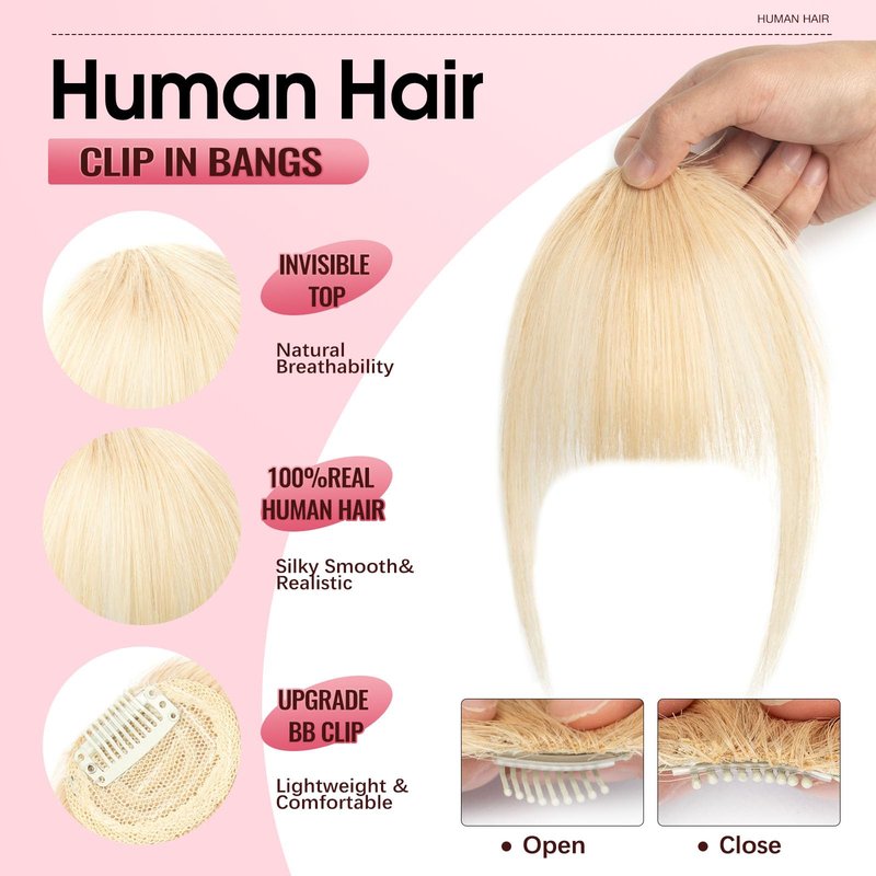 VerveFlux Clip in Bangs, 100% Real Human Hair 8 Inch Light Blonde Mix Bleach Blonde #613 French Bangs Fringe with Temples Real Hair Bangs Extensions Hairpieces Easy Clip-On Design